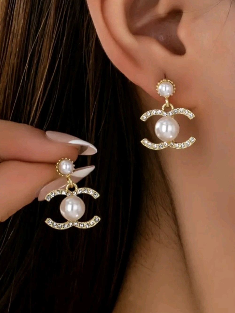 Pearl & Crystal Interlock Drop Earrings — Gold Tone
